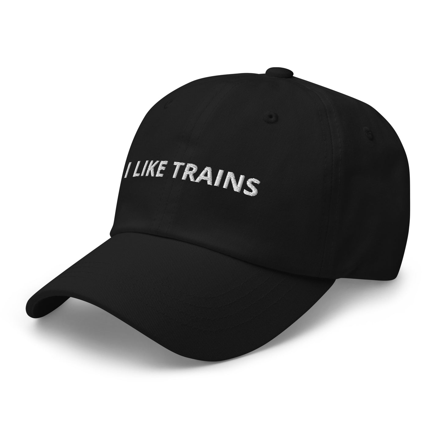 Bild eines Baseball-Caps mit dem lustigen Spruch 'I LIKE TRAINS' auf weißem Hintergrund. Lustiges Accessoire für Zugliebhaber mit humorvollem Twist. Hergestellt aus Baumwoll-Chino-Cord.