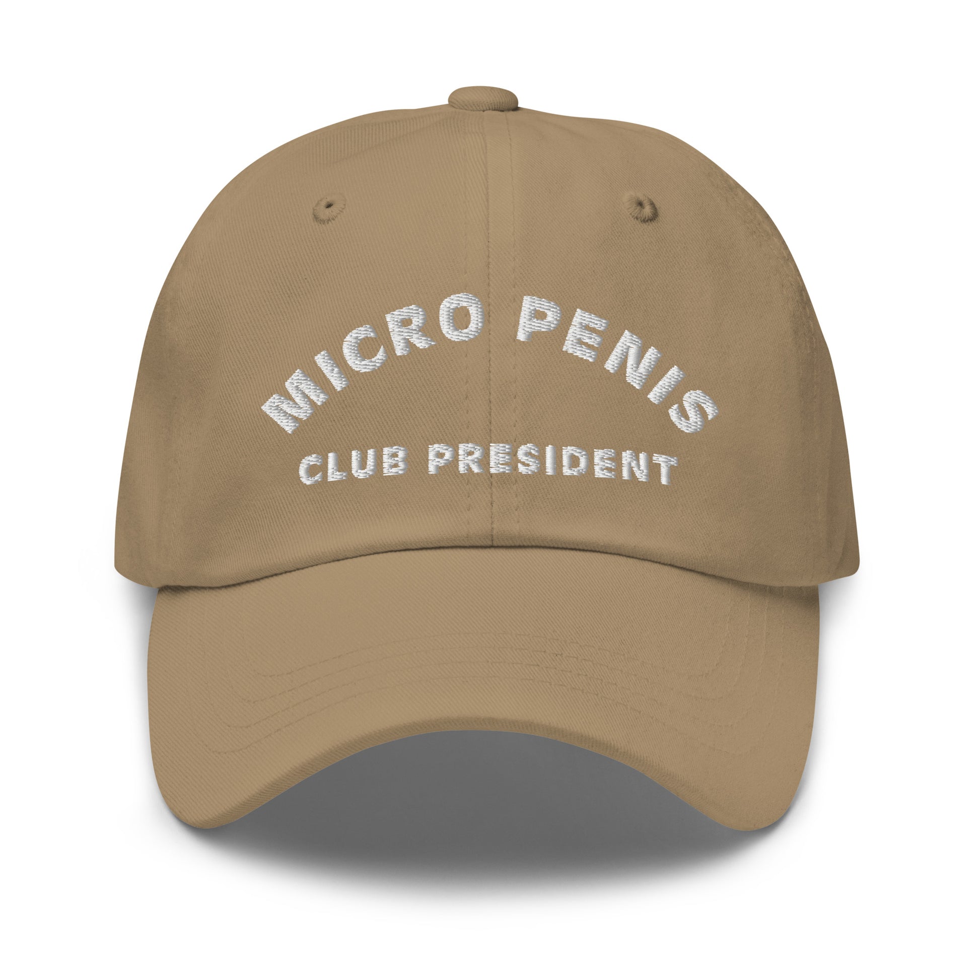 Bild eines Baseball-Caps mit dem Spruch 'MICRO PENIS CLUB PRESIDENT' auf weißem Hintergrund. Ein humorvolles Accessoire für diejenigen mit besonderem Humor. Hergestellt aus Baumwoll-Chino-Cord.